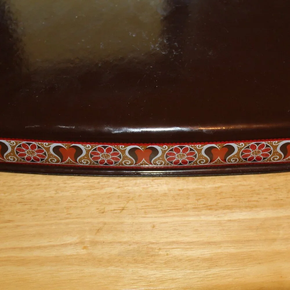 Vintage Brown Enamelware Baking Pan with White and Red Flower Pattern
